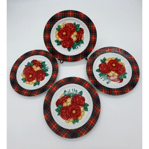 Vintage Holly Holderman Set Of 4 Red & Green Plaid Floral 8" Salad Plates - Picture 2 of 8